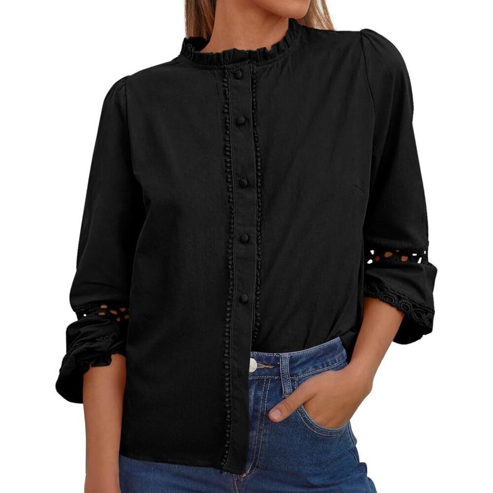 Women's Long Sleeve Cotton Eyelet Button-Up Shirt Fall Casual Boho Top